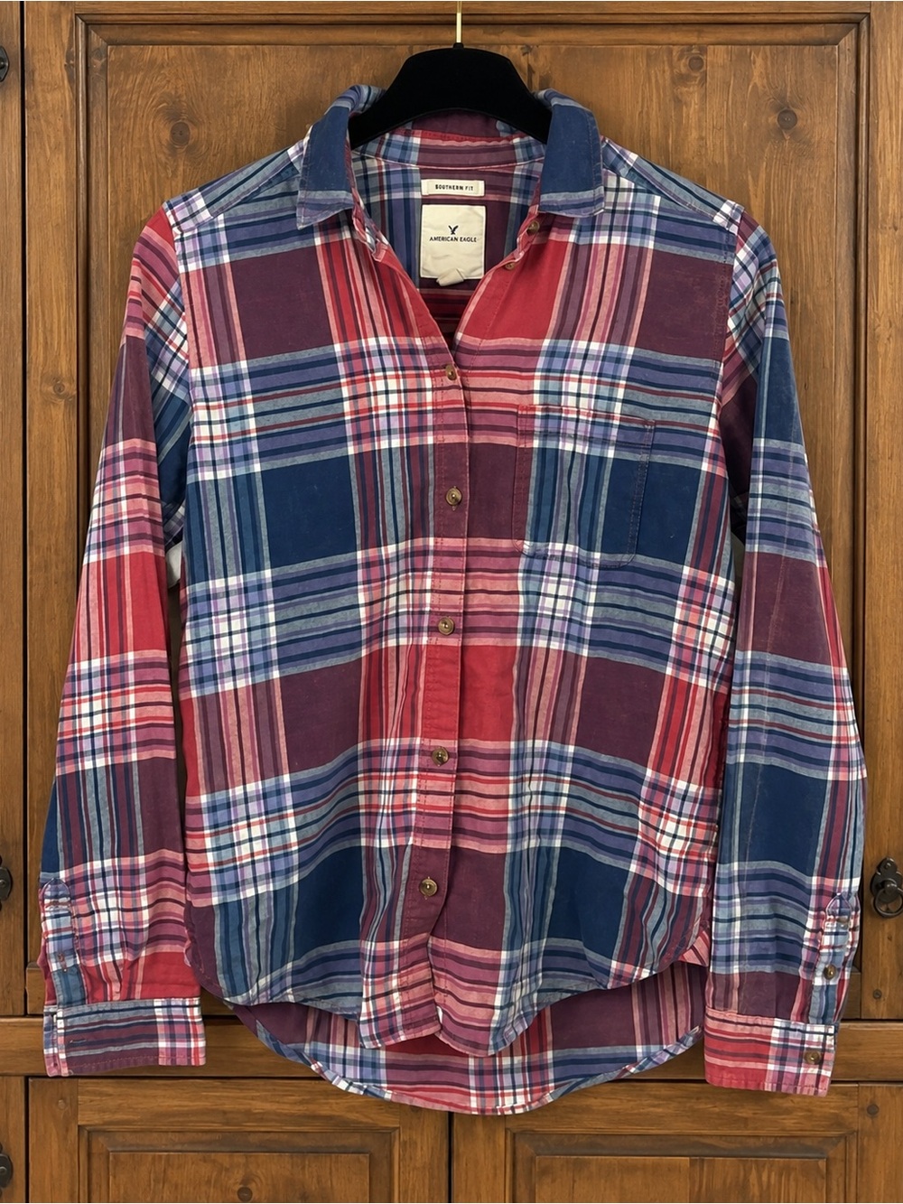 Plaid Button-Up Shirt in Red & Blue